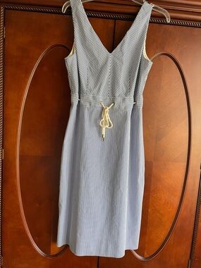 J. Crew Blue & White Pinstripe V-Neck Midi Dress